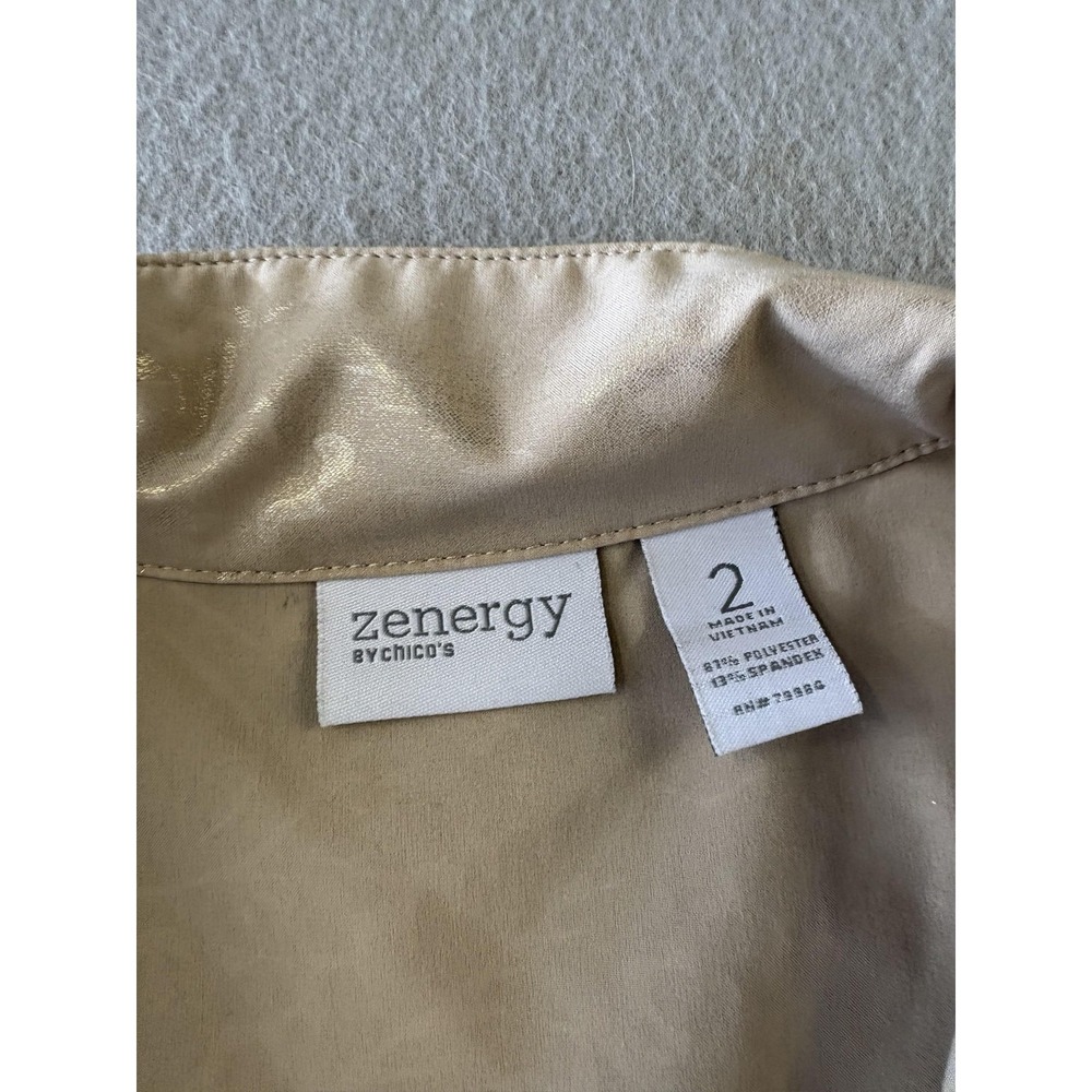 Chico's Zenergy Jacket Womens 2 Beige Metallic Floral Satin Full Zip Stretch - Picture 2 of 5